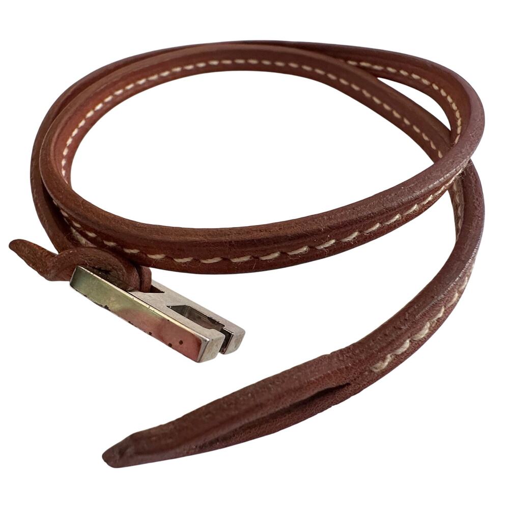 Hermes Tillet Leather Double Wrap Bracelet (Brown w White Stitching) - Picture 3 of 9